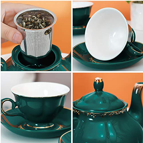 CHENP.HMC Tea Set 22-Piece Porcelain Ceramic Coffee Tea Sets Cups Saucer Service for 6 Teapot Sugar Bowl Creamer Pitcher and Teaspoons Porcelain Tea Set (Dark Green) - color: Dark Green