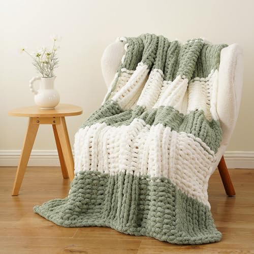 Battilo Chunky Knit Throw Blanket, Soft and Thick Chenille Throw Blanket, 50"x60" Handmade Cable Knit Crochet Blanket, Large Rope Knot Throw Blankets for Couch Sofa Bed Home Decor, Sage & White - color: Sage & White