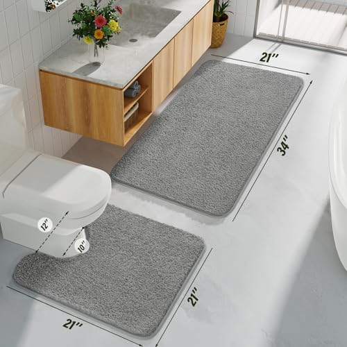Gray Bathroom Rug Set 2 Piece Bath Mat 21x34'' &U Shape Toilet Rug 21x21'' | Absorbent,Washable,Non Slip Bathroom Rugs Sets,Contour Mat for Toilet - color: Grey