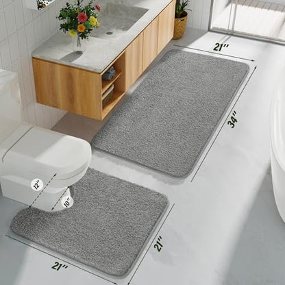 Gray Bathroom Rug Set 2 Piece Bath Mat 21x34'' &U Shape Toilet Rug 21x21'' | Absorbent,Washable,Non Slip Bathroom Rugs Sets,Contour Mat for Toilet - color: Grey