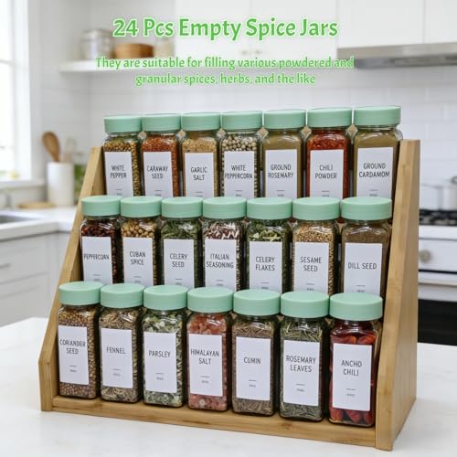 Spice Jars with Labels - 24 Glass Spice with Shaker Lids & Airtight Plastic Caps - 4oz Complete Seasoning Containers Organizer Set for Cabinet, Drawer & Rack (Light Green) - color: Light Green
