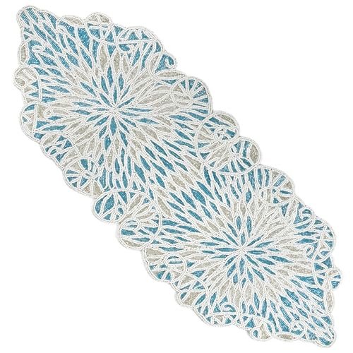 Beaded Table Runner, Sky Blue White, 36x13 | Glass beads on polyester backing, 36x13 in, coastal style, weddings, holidays, farmhouse dining tables - color: Sapphire Salt, size: 36"x13"