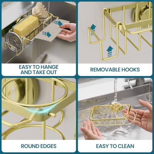 TAILI 4-in-1 Sponge Holder for Kitchen Sink with Strong Suction Cup-Gold | Removable Rustproof 304 Stainless Steel Multi-compartment Sponge Holder with Suction Cup, Keeps Brushes & Scrubbers Tidy - color: Gold, size: 7.28" x 2.36"