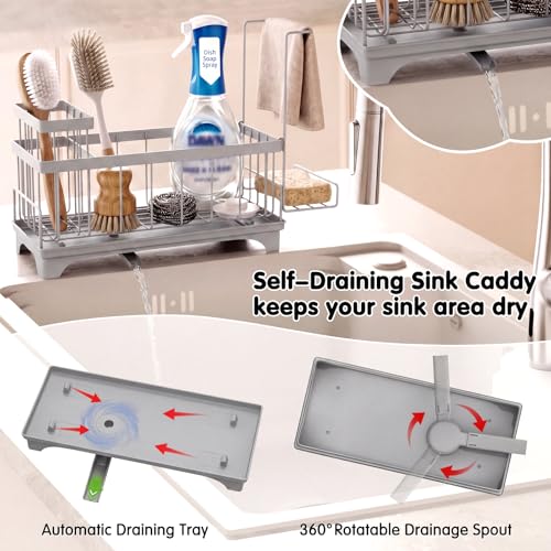VOOWO Sponge Holder for Kitchen Sink, Compact Sink Caddy with Brush Holder | 304 Rustproof Stainless Steel Dish Soap Holder, Small Kitchen Sink Organizer, Self-Draining Dish Wand Holder with Towel Rack - color: Gray