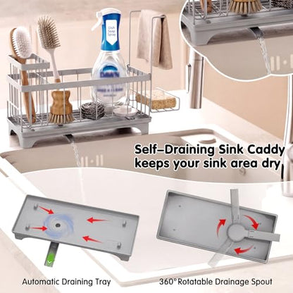 VOOWO Sponge Holder for Kitchen Sink, Compact Sink Caddy with Brush Holder | 304 Rustproof Stainless Steel Dish Soap Holder, Small Kitchen Sink Organizer, Self-Draining Dish Wand Holder with Towel Rack - color: Gray