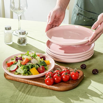 Ceramic Salad Plates Set, 8 Inch, Set of 4, Elegant Pink | Stoneware, Dishwasher & Microwave Safe, Small Dinner Plates, For Cake, Fruits, Waffle, Pasta, Salad - color: Pink, size: Salad Plates Set (4PCS)
