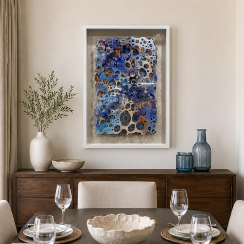 BrightA Acrylic Wall Art 3D Abstract Perforated Modern Sculpture Decor | Layered acrylic wall sculpture with organic perforated forms and blue earthy gradient tones 27.5"x39.4" - color: White + Blue + Orange + White, size: 27.5"x39.4"