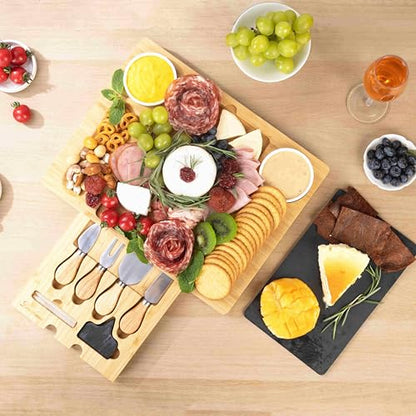 Bamboo Charcuterie Board Gift Set with Expandable Slate, Hidden Drawer, Lightweight, Modern, Natural Finish, Ideal for Cheese, Meats, and Snacks, Perfect for Gatherings or Gifting - size: 2 Grooves Charcuterie Board Set