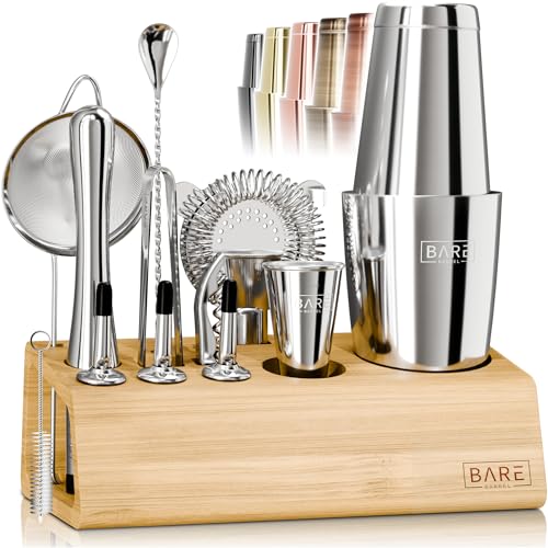 BARE BARREL® Mixology Bartender Kit Bar Set | 14-Piece Cocktail Shaker Set | Martini Barware Mixing Tools for Home Bartending | Incl. 35 Recipe Cards | Gift Set (28oz Boston Shaker, Silver/Natural) - color: Silver/Natural