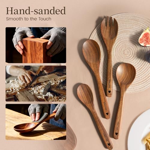 Kikcoin 10 PCS Durable Natural Teak Wooden Cooking Utensil Set, Non Toxic Wooden Spoons for Cooking, Wooden Utensil Set for Cooking with Comfort Grip, Nonstick & Easy to Clean Wood Kitchen Utensil Set - size: 10-Piece Set