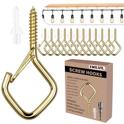 42 PCS Metal Gold Eye Screw Hooks for Hanging Heavy Duty.Windproof Ceiling Hooks for Hanging Plants,Cup,Wind Chime,Bird Feeders,Christmas String Lights at Indoor&Outdoor 2.2 Inch - color: Gold, size: 42Pcs