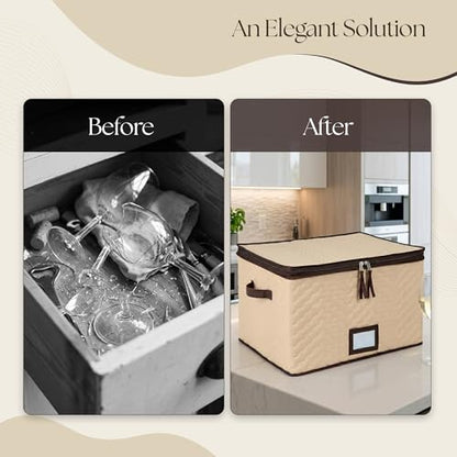 Wine Glass Storage Box with Dividers, Holds 12 Glasses up to 3.75" Wide | 2 Pack, Stemware Storage Case, Protects Fine China, Durable Quilted Microfiber, Carry Handles, Ideal for White Wine - size: Red & White Wine, style: 2 Pack