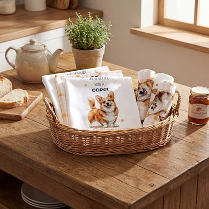 Redbaker 6 Pcs Funny Corgi Kitchen Towels Gifts for Corgi Lovers Dish Towel Yellow White Dog Kitchen Hand Decorative Tea Dishcloth with Hanging Loop for Dog Owners Bathroom Home Housewarming Gift - style: Corgi