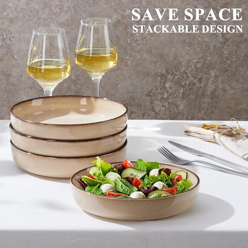 E-far Stoneware Pasta Bowls Set of 4, 35oz Double Reactive Glaze | Wide & Shallow Ceramic Pasta Plates for Serving Salad Soup Dinner, Dishwasher & Microwave Safe, Sandy Beige - color: Sandy Khaki