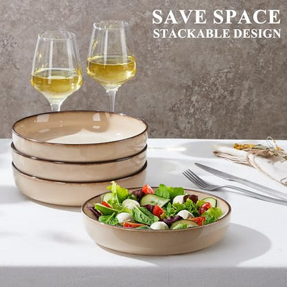 E-far Stoneware Pasta Bowls Set of 4, 35oz Double Reactive Glaze | Wide & Shallow Ceramic Pasta Plates for Serving Salad Soup Dinner, Dishwasher & Microwave Safe, Sandy Beige - color: Sandy Khaki
