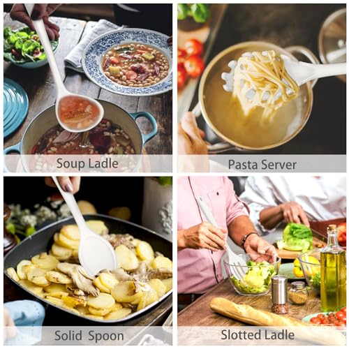 P&P CHEF White Kitchen Utensils, Silicone Cooking Utensil Set of 7 | Soft Spatula for Nonstick Cookware, Slotted Turner, Soup Ladle, Pasta Server, Spoon for Cooking, Dishwasher Safe & Heat Proof - color: White