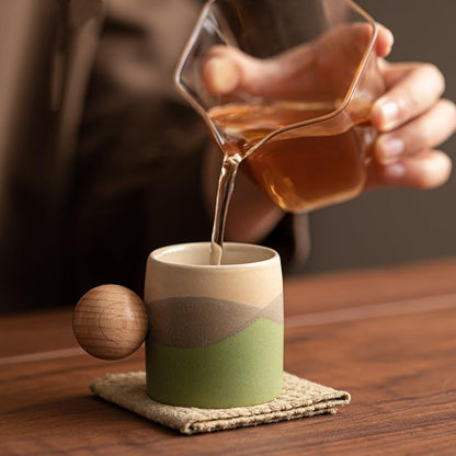 2.4oz Ceramic Espresso Cups Set of 4, Small Coffee Cups with Wooden Handle, Gradient Color Demitasse Cups, Ceramic Tea Cups Gift Box Packaging (Round Handle) - color: Round Handle