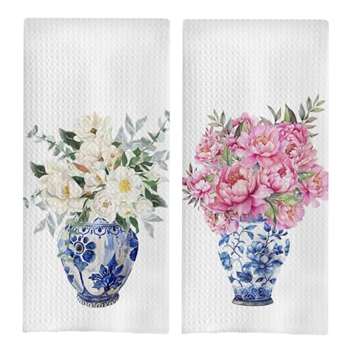 Chinoiserie Kitchen Towels Set - Floral Blue and White Chinoiserie Dish Towel, Floral Blue and White Hand Tea Towels for Bathroom Kitchen, 16x24 Inch Set of 2 - color: Chinoiserie-7