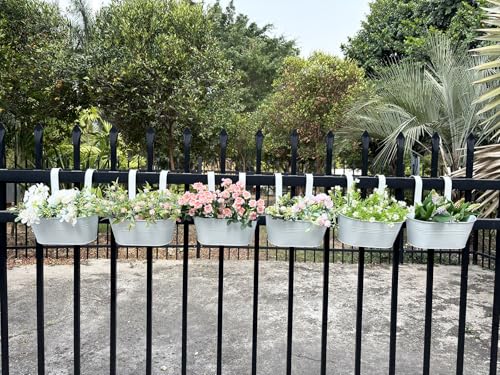 6 Pack 10" Metal Hanging Fence Planter Outdoor with Detachable Hooks, White | Removable hook, Drainage hole, Rustproof, For flowers / herbs / succulents, veggies, For railings / fences / balconies - color: White