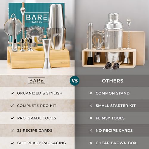 BARE BARREL® Mixology Bartender Kit Bar Set | 14-Piece Cocktail Shaker Set | Martini Barware Mixing Tools for Home Bartending | Incl. 35 Recipe Cards | Gift Set (28oz Boston Shaker, Silver/Natural) - color: Silver/Natural