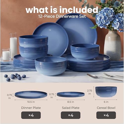 SMIRLY Stoneware Dinnerware Set for 4, 12 pcs Plates and Bowls Set, Blue | Chip and Scratch Resistant, Microwave, Dishwasher & Oven Safe, Non Toxic Plates Set, Ceramic Dish Set for Everyday Meal - color: Blue