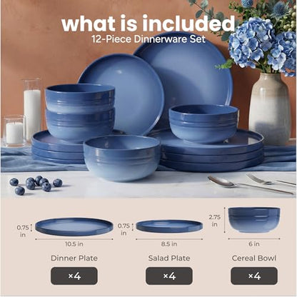 SMIRLY Stoneware Dinnerware Set for 4, 12 pcs Plates and Bowls Set, Blue | Chip and Scratch Resistant, Microwave, Dishwasher & Oven Safe, Non Toxic Plates Set, Ceramic Dish Set for Everyday Meal - color: Blue