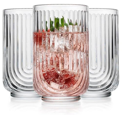 Glaver's Drinking Glasses Set of 8. 17oz Vintage Drinking Cups. Ripple Cocktail Glasses, Ribbed Drinking Highball Glass Cups. Arch Designed Art Deco Glassware for Water Juice Coffee. Package may Vary - style: Clear S/8 17oz