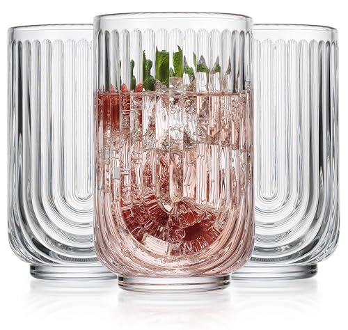 Glaver's Drinking Glasses Set of 8. 17oz Vintage Drinking Cups. Ripple Cocktail Glasses, Ribbed Drinking Highball Glass Cups. Arch Designed Art Deco Glassware for Water Juice Coffee. Package may Vary - style: Clear S/8 17oz