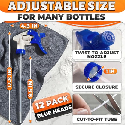 Spray Bottle Nozzle Replacement 12 Pack, Fits 8-32oz Bottles (Blue) | Replacement Trigger Sprayer Heads for Bottles; Fits 28-400 Thread, Trim-to-Fit Tube; for Cleaning, Garden & Pet Carefor - color: 12 Pcs Blue