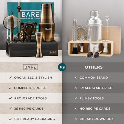 BARE BARREL® Mixology Bartender Kit Bar Set | 14-Piece Cocktail Shaker Set | Martini Barware Mixing Tools for Home Bartending | Incl. 35 Recipe Cards | Gift Set (28oz Boston Shaker, Brass/Black) - color: Brass/Black
