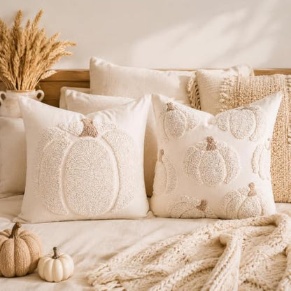 Fall Tufted Pumpkin Pillow Covers Set of 2 18x18, Farmhouse Beige - color: Beige, size: 18" x 18" (Pack of 2)