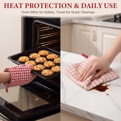 4 Pcs Red Gingham Oven Skirt Curtain Set with Mitts & Hand Towel | 29 x 21 in Farmhouse Rustic Kitchen Stove Cover, Heat-resistant Door Curtain with Ribbon Ties, for Holiday & Everyday Kitchen