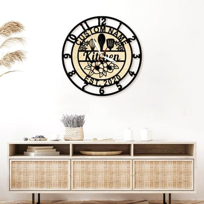 Kitchen Wall Clock Custom Name, Wood Chef Clock Modern Decorative Kitchen Clocks Wall Battery Operated Silent Movement for Restaurant Dinning Room Farmhouse Cooking Lovers Chef Mom Gift - size: 12 Inch