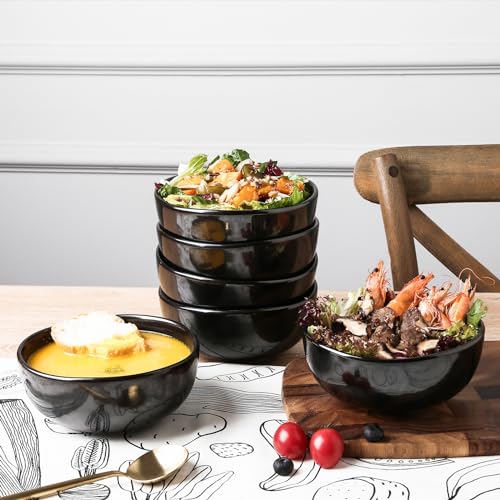 vicrays Ceramic Cereal Bowls Set - Porcelain 26 Ounce Soup Salad Bowls Set - Rice Dessert Cream Bowls Set - Chip Resistant Dishwasher Microwave Safe - Set of 6 (Black) - color: Black