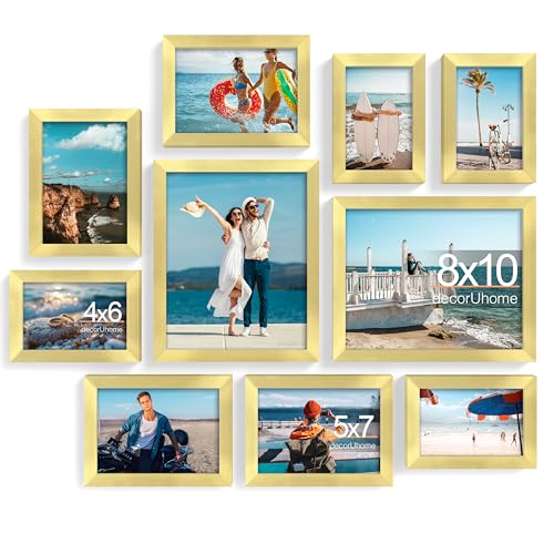 decorUhome 10 Pack Assorted Picture Frame Set for Wall & Tabletop, P0710GD | Gold, Multi Size Picture Frame Includes Two 8x10 / Four 5x7 / Four 4x6 for Family Gallery Wall - color: Gold