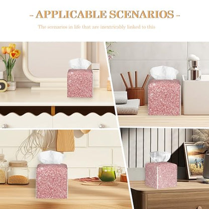 Leather Tissue Box Holder Pink Gold Glitter Tissue Box Cover Square Waterproof Holder Organizer Modern Napkin Holder for Bedroom Dresser Night Stand Office Desk - color: Pink Gold Glitter