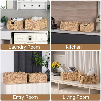 iEGrow Scalloped Wicker Basket, Set of 2 Woven Rattan Natural Water Hyacinth Baskets with Built-in Handles, Rectangle Storage Baskets for Organizing, Decor, Shelf and Nursery Room - size: Rectangle