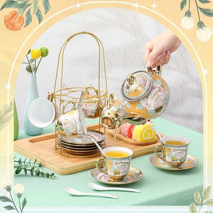 Zhehao 20 Pcs Porcelain Tea Set with Metal Holder and Spoon Adult Ceramic Tea Set European Flower Painting Teapot Cup Saucer Spoon for Women Mom Gift, Large Version (Classic Style) - color: Classic Style
