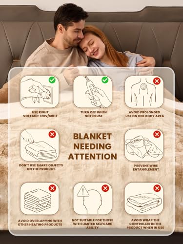 Bearhug Electric Blanket King Size with Dual Controls, 10 Heat Levels & 1-12H Auto Shut-Off, Fast Heating Soft Faux Fur to Sherpa Heated Blanket for Couples, Machine Washable, Champange - color: Champagne-faux Fur & Sherpa, size: King Size 100" × 90"