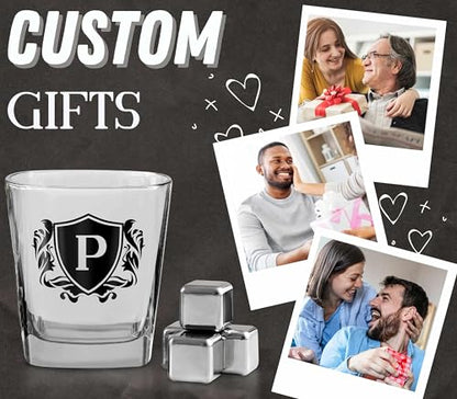 Whisky Gifts for Men, Personalized Initial Whiskey Glass with Whiskey Stones for Dad, Boyfriend, Best Friends, Coworkers, Husband, Brother, Uncle and Boss on Father's Day, Boss Day and Birthday - P - color: P