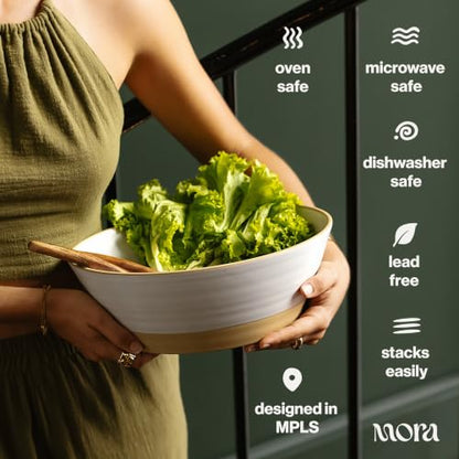 Mora Giant Salad Bowl Set with Wood Salad Servers, 4 qt Large Ceramic Serving Bowl for Salad, Pasta & Fruit, Microwave, Oven and Dishwasher Safe - Dusk - color: Dusk