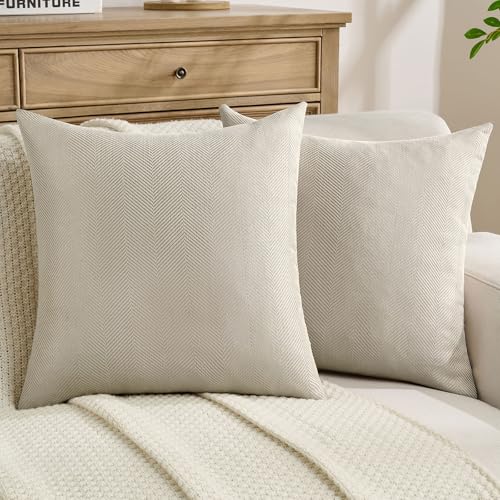 FUTEI Pack of 2 Chenille Throw Pillow Covers 16x16 Inch, Beige | Elegant Herringbone Textured Design,Side Hidden Zipper,Machine Washable,Pill-Resistant,Colorfast,Insert Not Included. - color: Beige, size: 16" x 16" (Pack of 2)