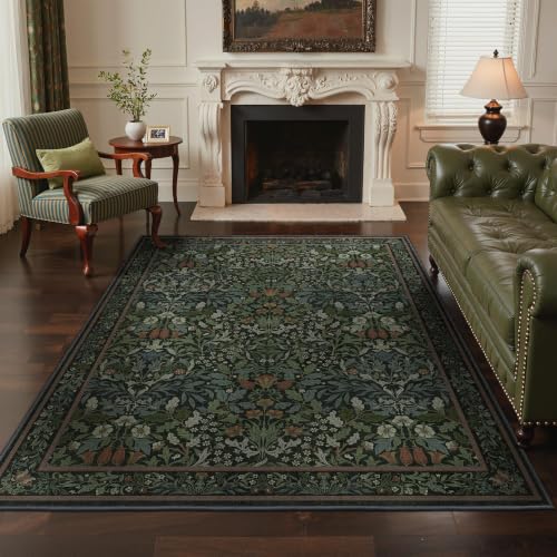 GENIMO 4x6 Washable Area Rug for Bedroom, Non Slip, Dark Green | Vintage Boho Floral Low Pile Thin Carpet for Bedroom, Dining Room, Nursery, Indoor Decor - color: Dark Green, size: 4' x 6' (Rectangular)