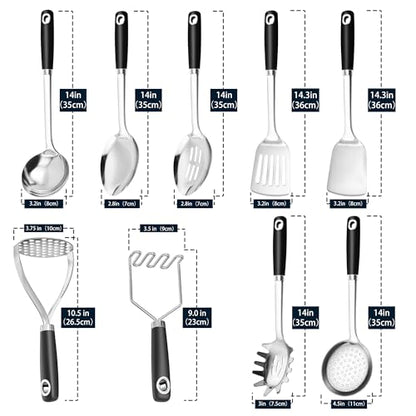18/0 Stainless Steel Cooking Utensils Set, Heavy Duty Kitchen Utensils for Daily Use Party Wedding Housewarming, Dishwasher Safe, 9 Pieces - color: Black, size: 9PCS-Cooking Utensils Set