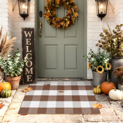 Uphome Bufflo Plaid Outdoor Rug 2'x3', Fall Decor Small Checkered Front Door Mat, Indoor Outdoor Farmhouse Cotton Porch Rug for Layered Door Mats, Washable Brown Area Rugs for Patio Entryway - color: Brown, size: 2'x3'