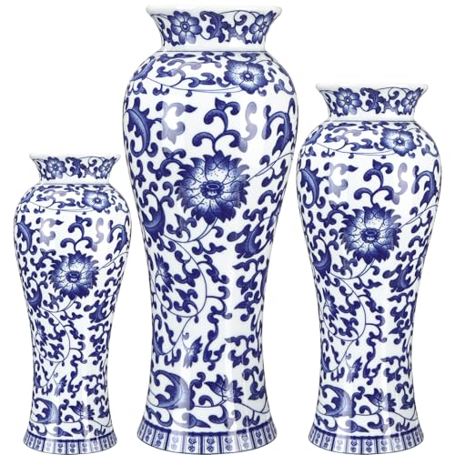 LemonRoad 3 Pack Chinoiserie Vases Porcelain Blue and White Vases for Flowers Pottery Chinoiserie Ceramic Vase for Living Room Mother's Day Decor Table Centerpiece, 6.7", 8.3", 10"(Classic) - style: Classic