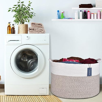 COMSE XXXLarge Woven Blanket & Laundry Basket, 87L, White & Light Brown | 21.7" x 13.8", Cotton Rope, Nursery Hamper for Storage of Toys Clothes Towels, Ideal for Living Room Bedroom Bathroom - color: White & Light Brown