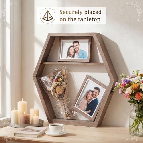 16 Inch Huge Wooden Shadow Box Frame with Acrylic Panel, Shelves, Hangable Brown Deep Shadow Boxes Memory Display Cases with Lanyard and Metal Hook for Wedding Keepsakes, Photos (Hexagonal) - style: Hexagonal