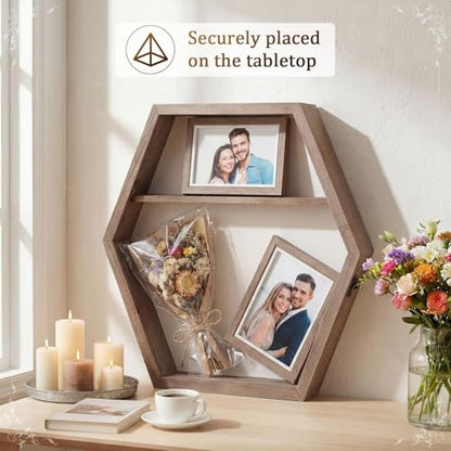 16 Inch Huge Wooden Shadow Box Frame with Acrylic Panel, Shelves, Hangable Brown Deep Shadow Boxes Memory Display Cases with Lanyard and Metal Hook for Wedding Keepsakes, Photos (Hexagonal) - style: Hexagonal