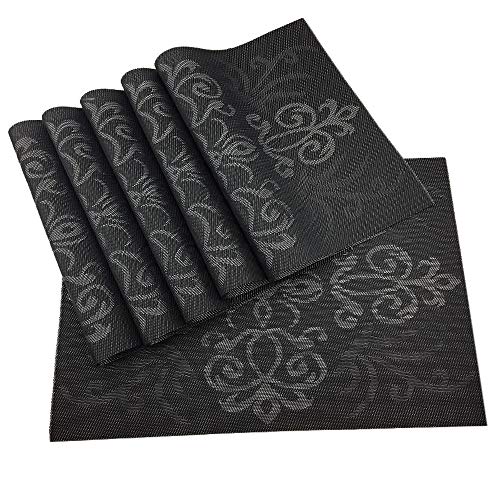 Luxury Black Placemats Set of 6 Crossweave Woven Vinyl Placemat for Dining Table Heat Resistant Non-Slip Kitchen Table Mats Easy to Clean - color: Symmetry-black